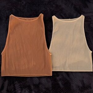 Ribbed Sleeveless Women Crop Tops - Light Brown and Teal/Sage Bundle of Two